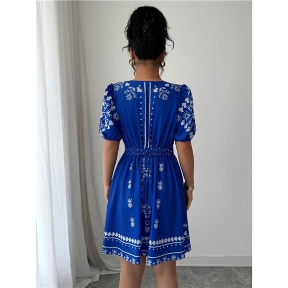 Printed Surplice Puff Sleeve Mini Dress - Picture 2 of 7